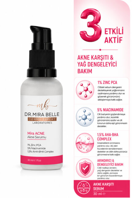 Mira-ACNE Serum %5 Niacinamide & %1 Zinc PCA AHA-BHA Asitli Akne ve Siyah Nokta Karşıtı 30 ml